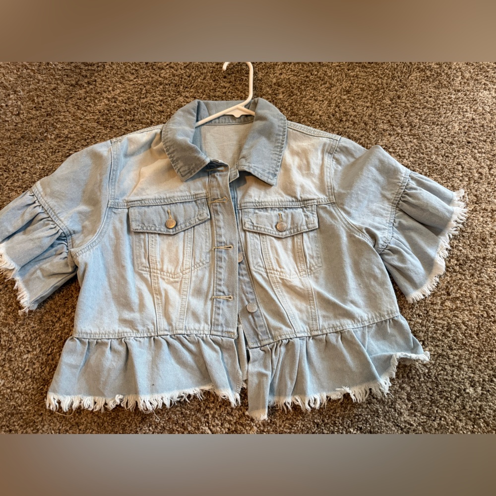 Light Blue Denim Jacket with Frayed Hem